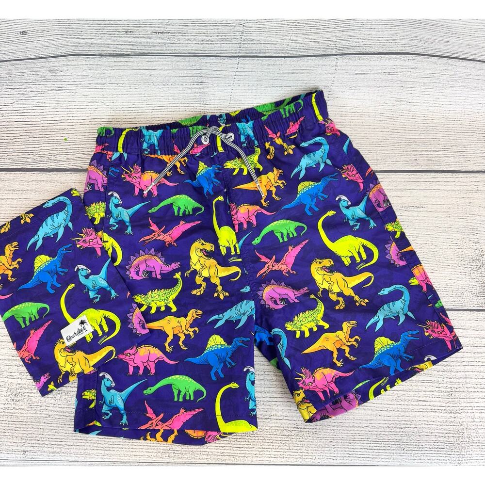 Boardies Boy's Purple Rainbow Dinosaur Printed Swim Trunks Size 11/12